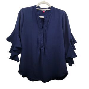 Vince Camuto Blue Open V-Neck Blouse W/flare 3/4 Sleeves Size Small